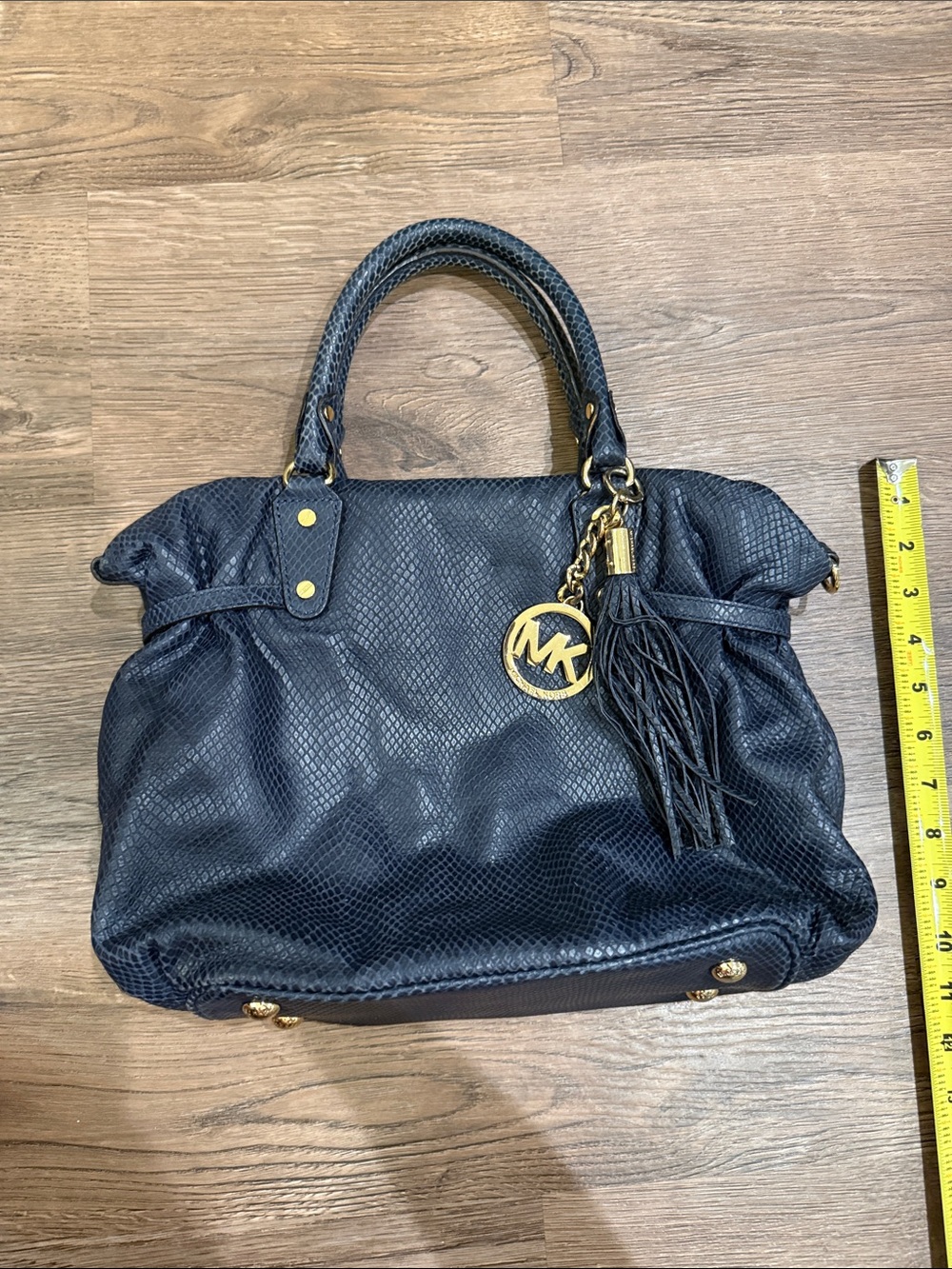 Michael Kors Navy blue snake imprint Leather Tote Bag with Tassel Charm